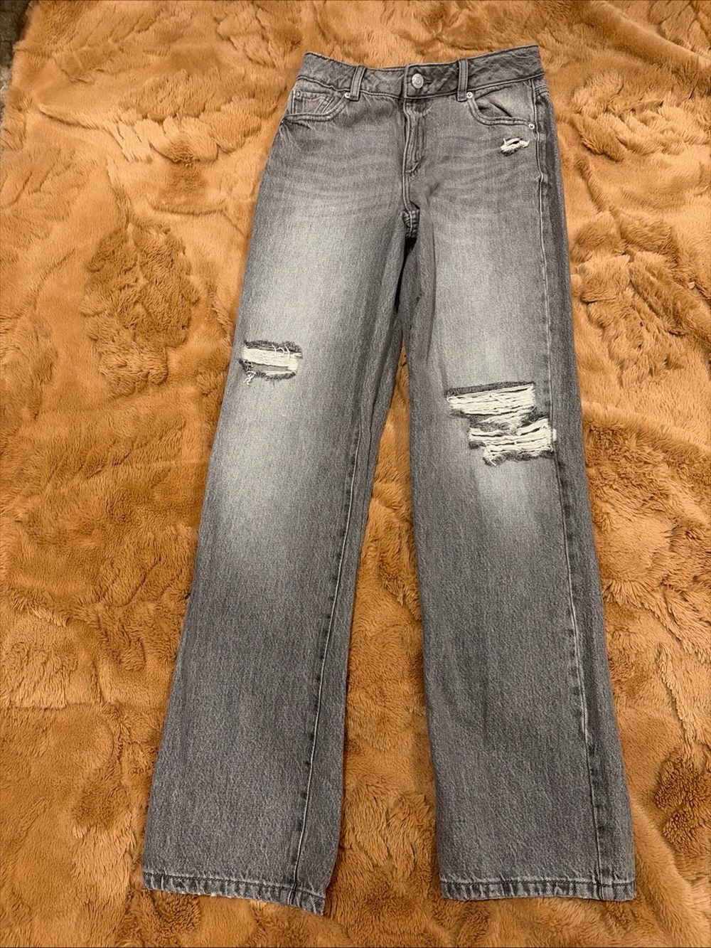 High Waist Ripped Leg Jeans Gray Denim 90s Stright
